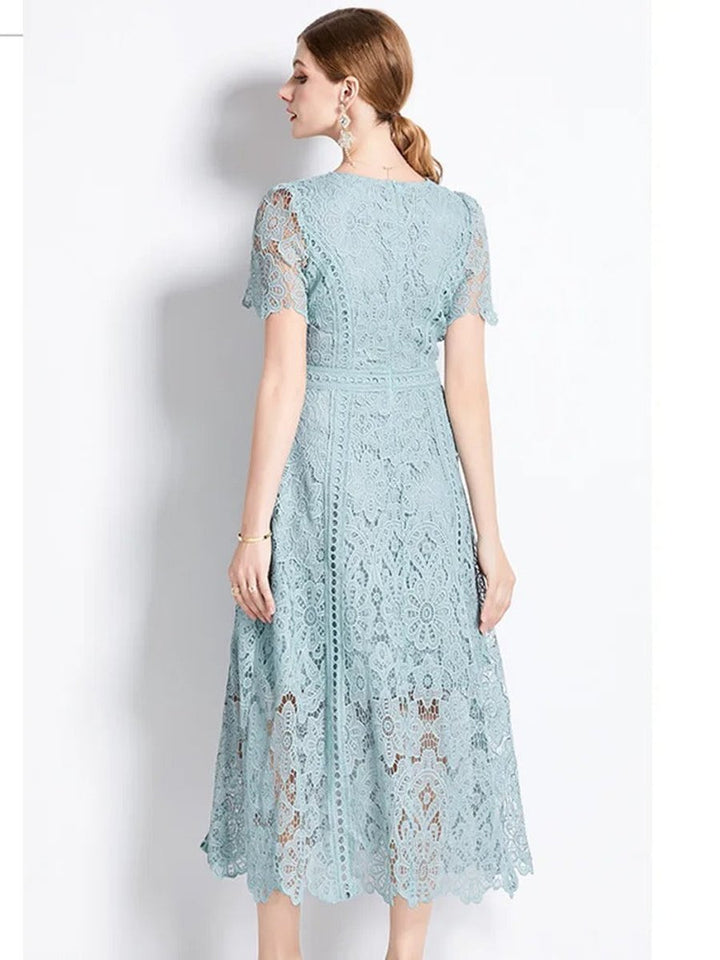 Women's Floral Lace Short-Sleeve Fall Midi Dress
