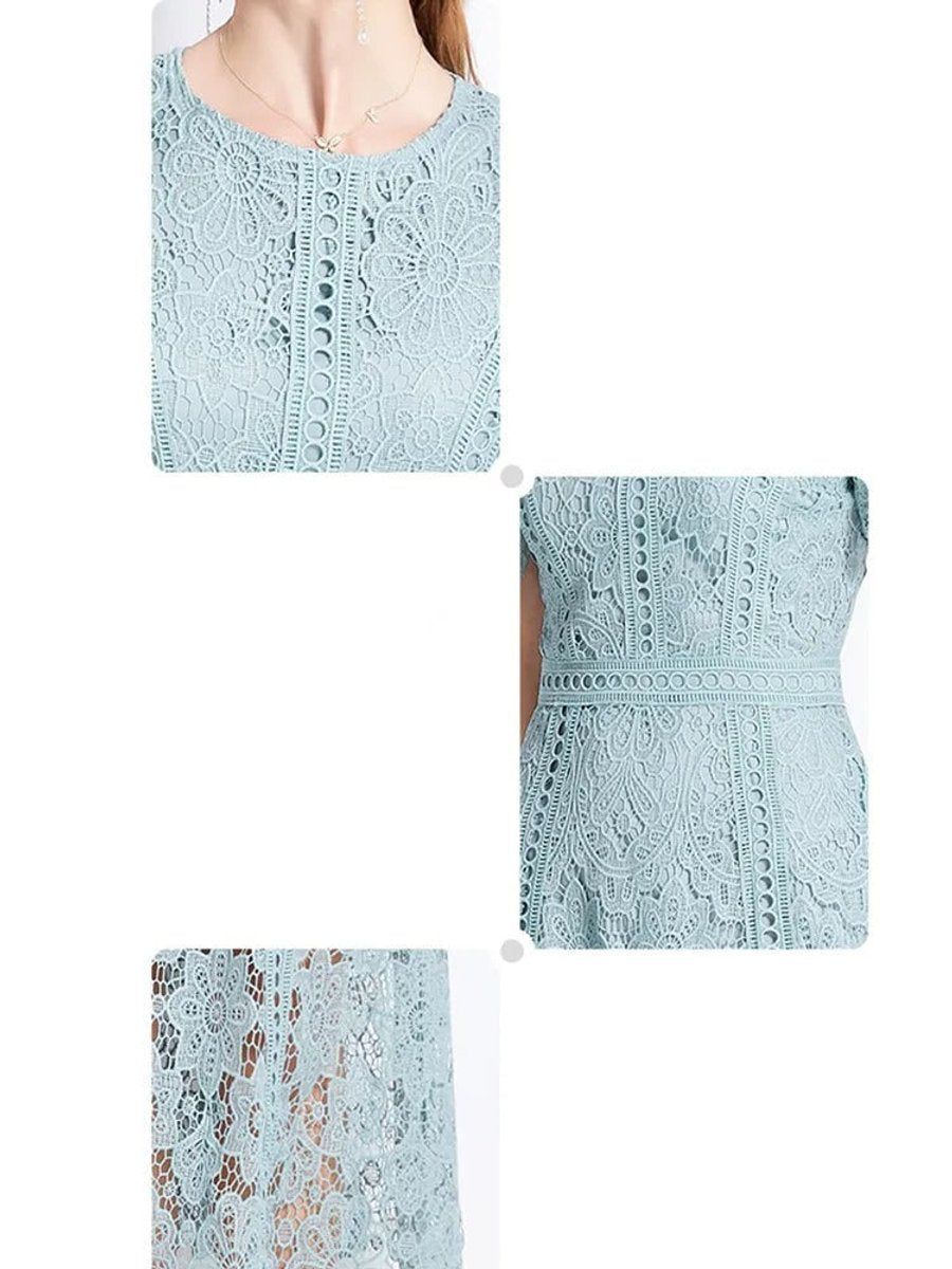 Women's Floral Lace Short-Sleeve Fall Midi Dress