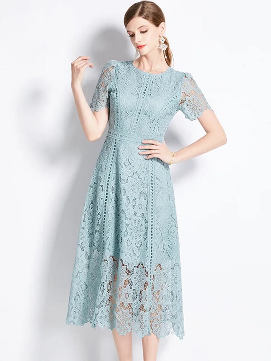 Women's Floral Lace Short-Sleeve Fall Midi Dress