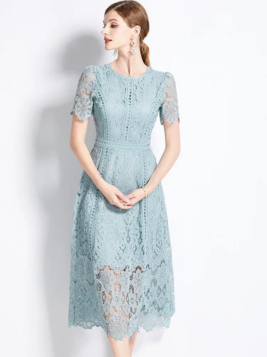 Women's Floral Lace Short-Sleeve Fall Midi Dress