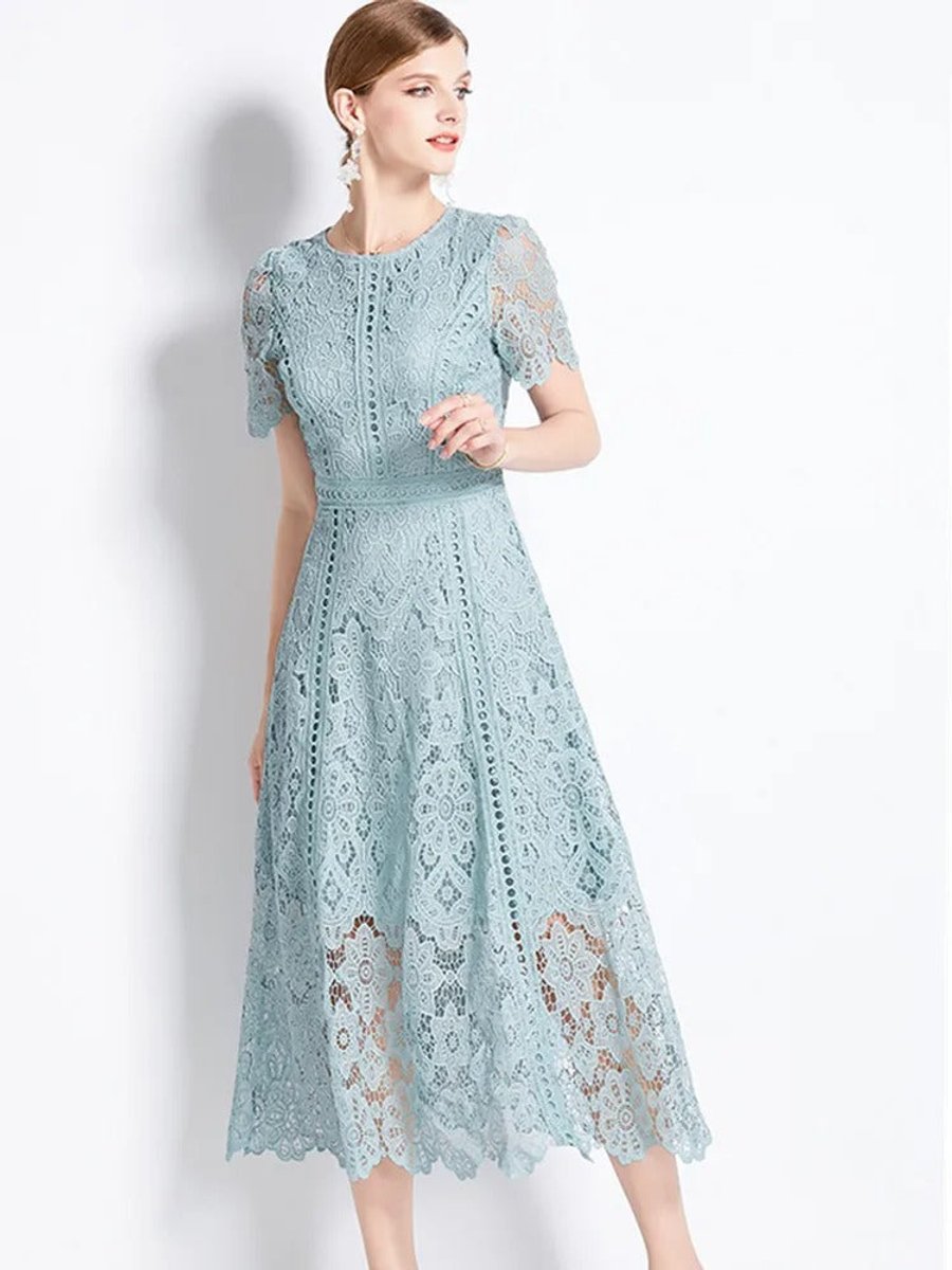 Women's Floral Lace Short-Sleeve Fall Midi Dress