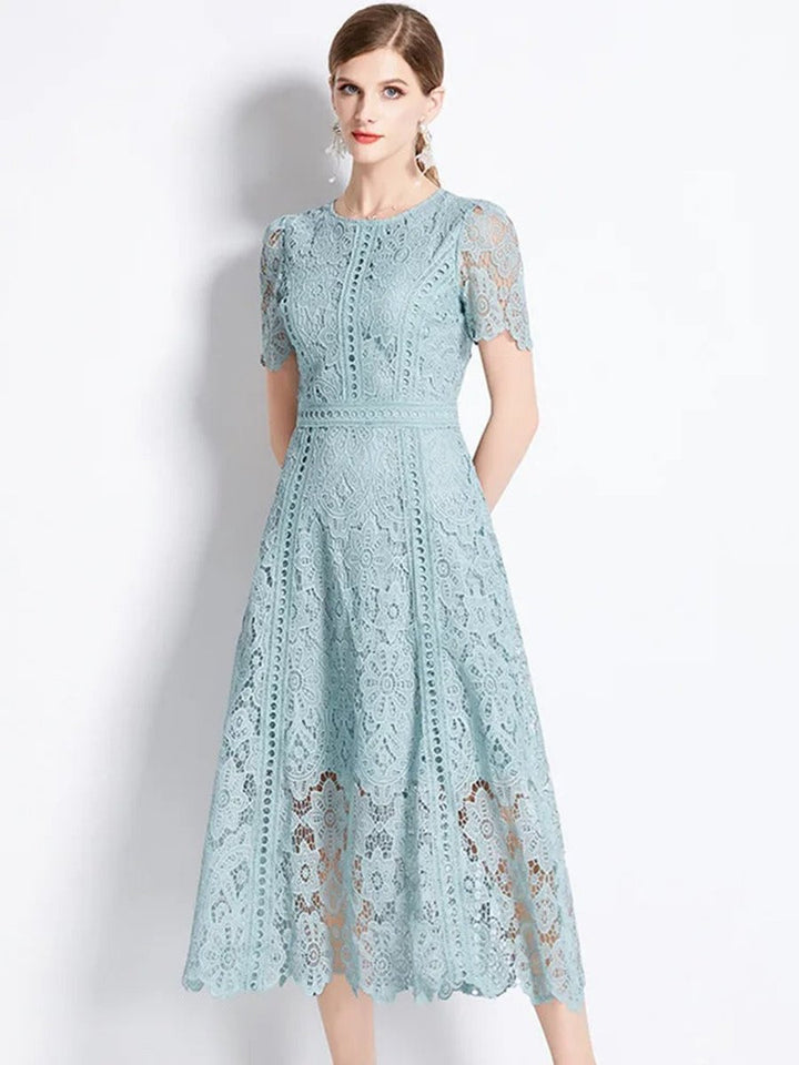 Women's Floral Lace Short-Sleeve Fall Midi Dress