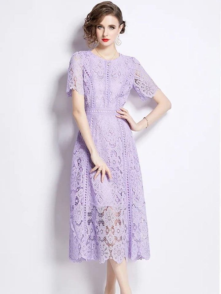 Women's Floral Lace Short-Sleeve Fall Midi Dress