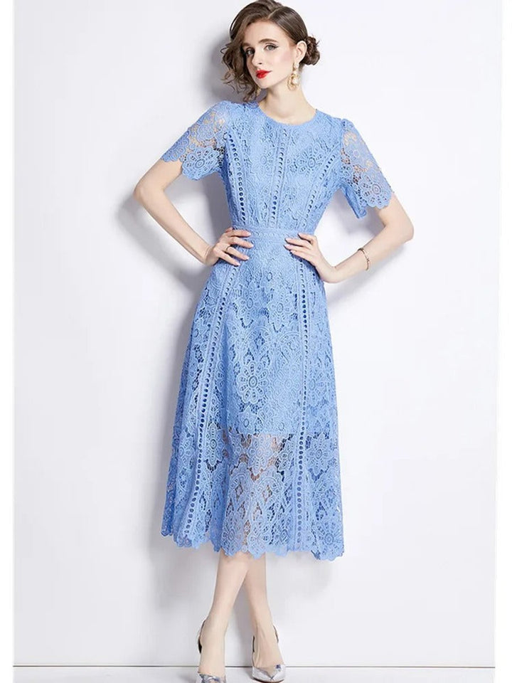 Women's Floral Lace Short-Sleeve Fall Midi Dress