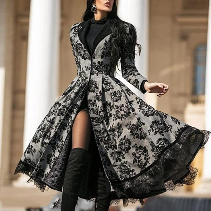 Women's Floral Lace-Trim Fit-and-Flare Fall Midi Dress Coat