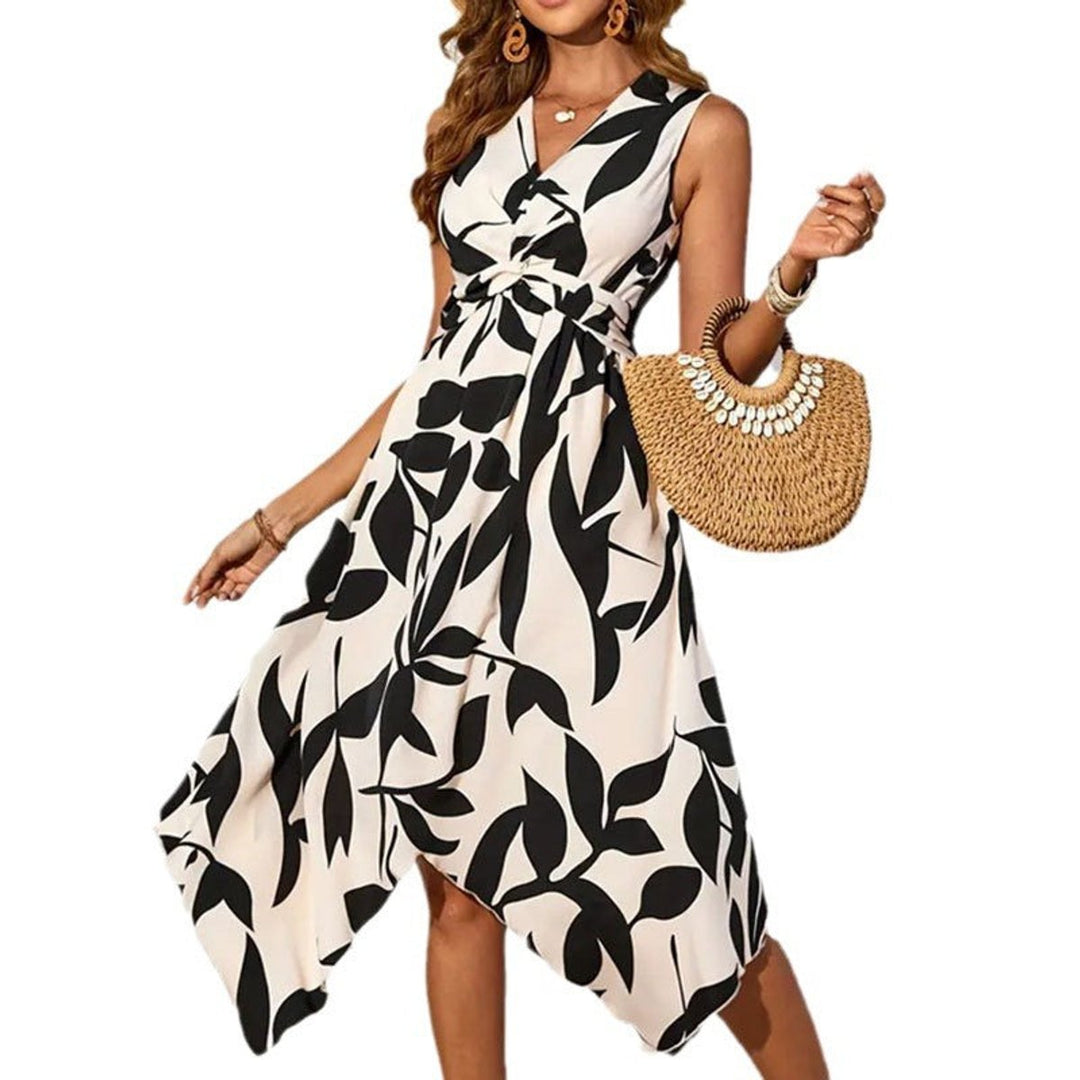 Women's Floral Leaf-Print Sleeveless Tie-Waist Fall Midi Dress