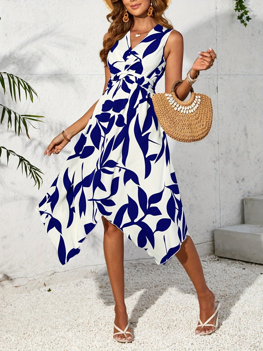 Women's Floral Leaf-Print Sleeveless Tie-Waist Fall Midi Dress