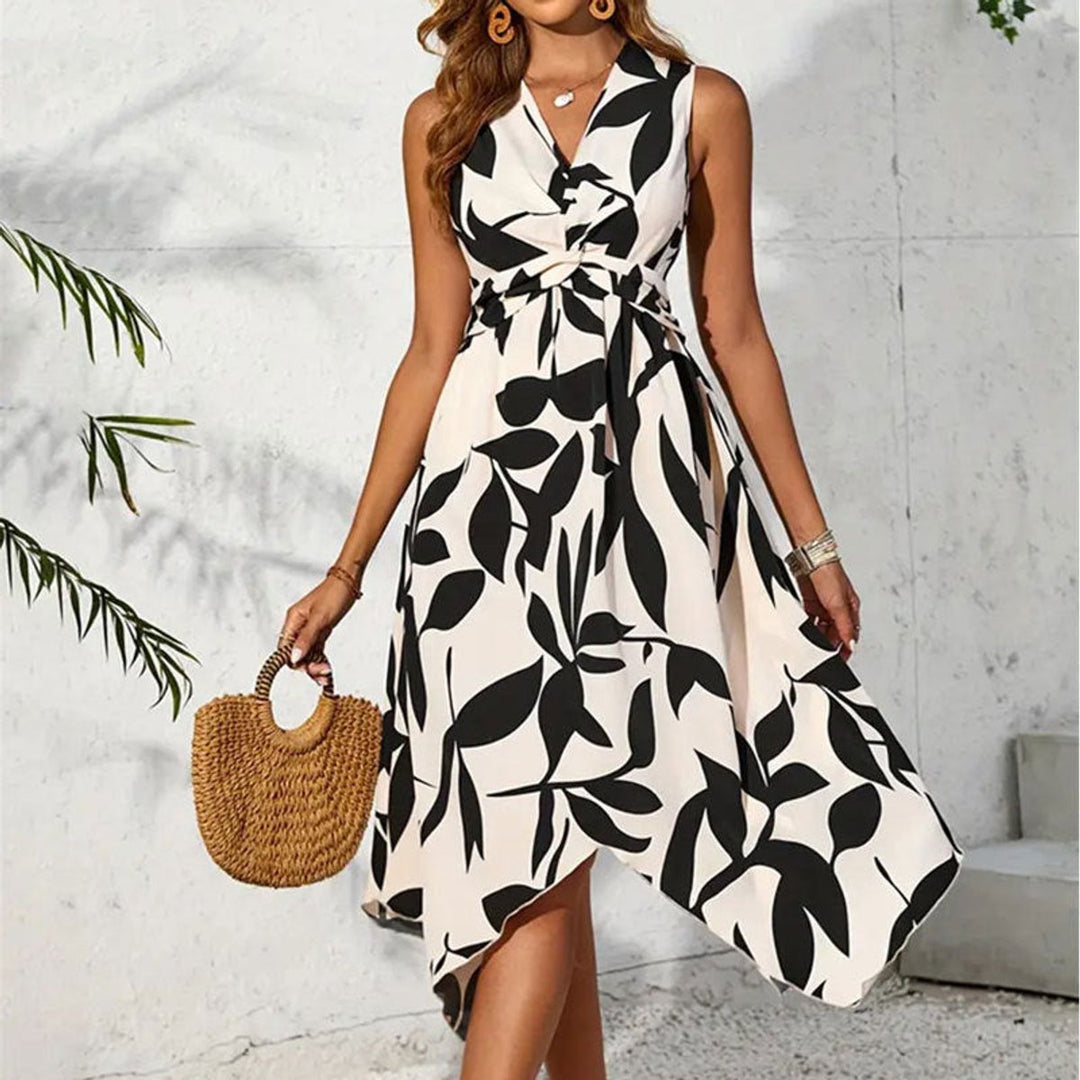 Women's Floral Leaf-Print Sleeveless Tie-Waist Fall Midi Dress