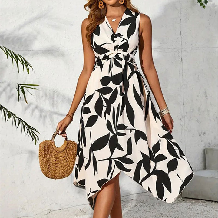 Women's Floral Leaf-Print Sleeveless Tie-Waist Fall Midi Dress
