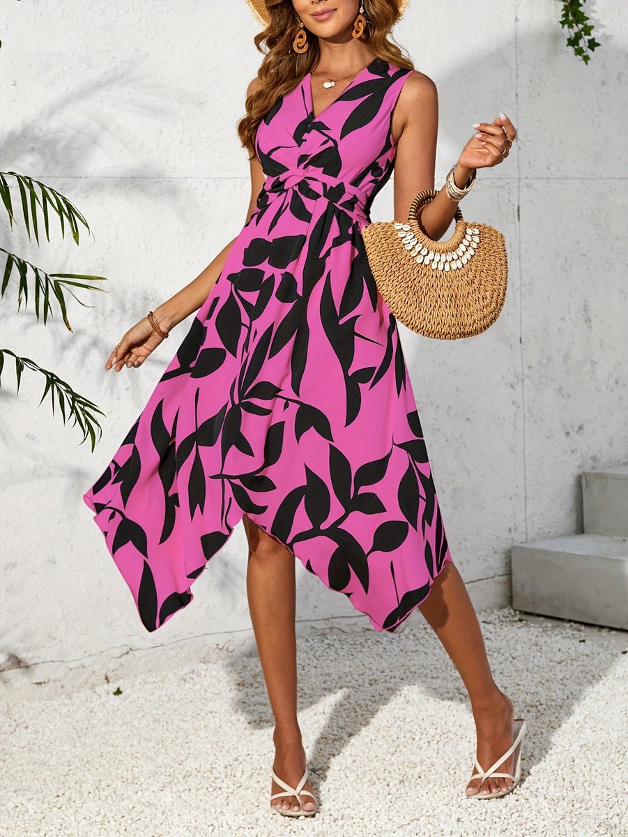 Women's Floral Leaf-Print Sleeveless Tie-Waist Fall Midi Dress