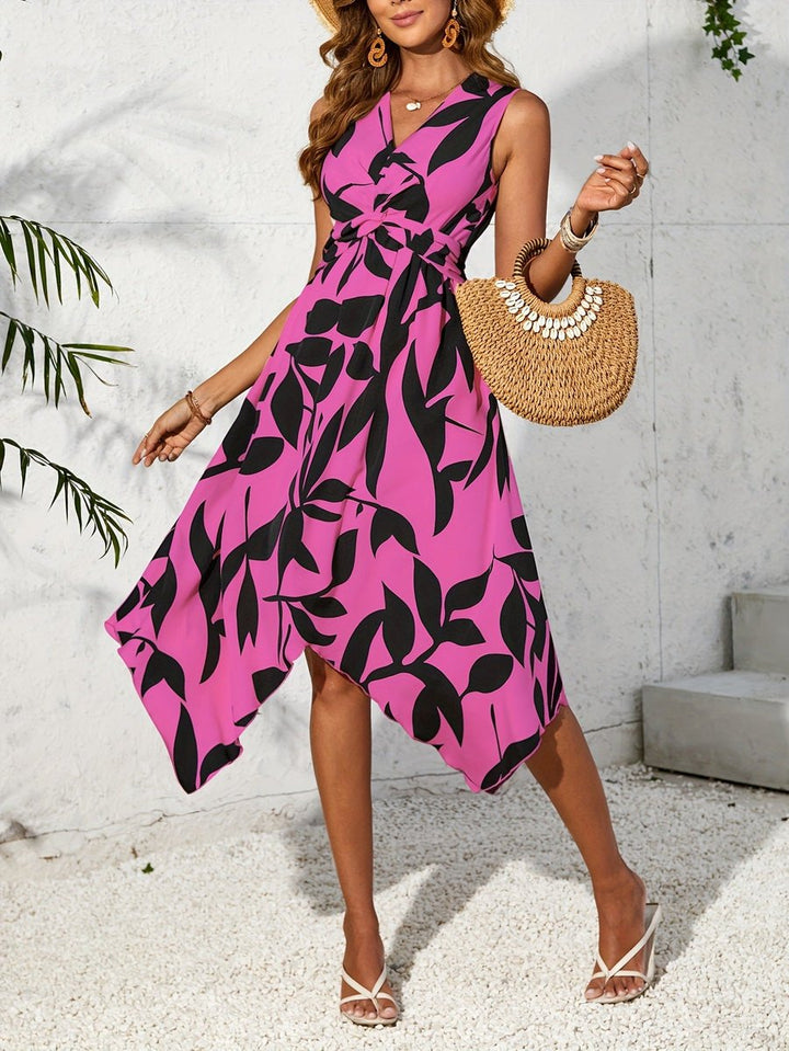 Women's Floral Leaf-Print Sleeveless Tie-Waist Fall Midi Dress