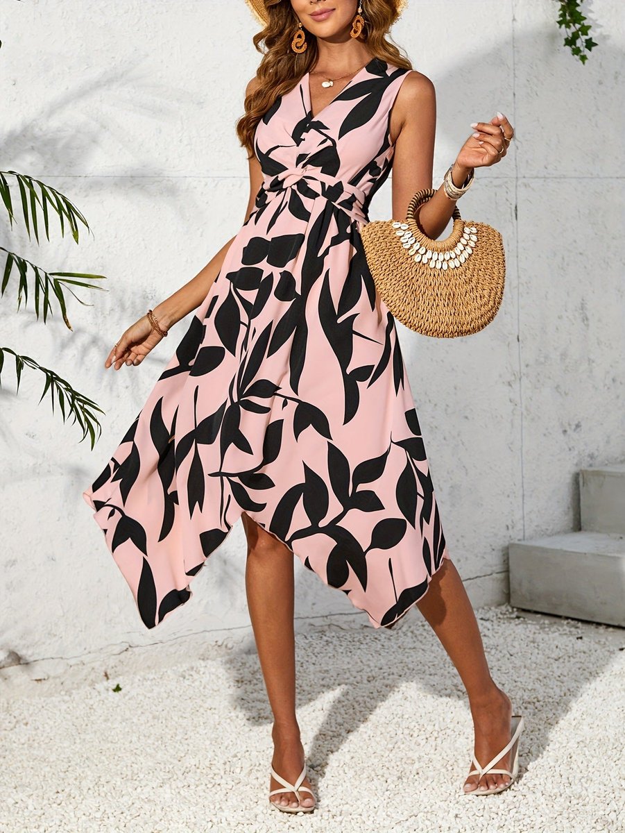 Women's Floral Leaf-Print Sleeveless Tie-Waist Fall Midi Dress