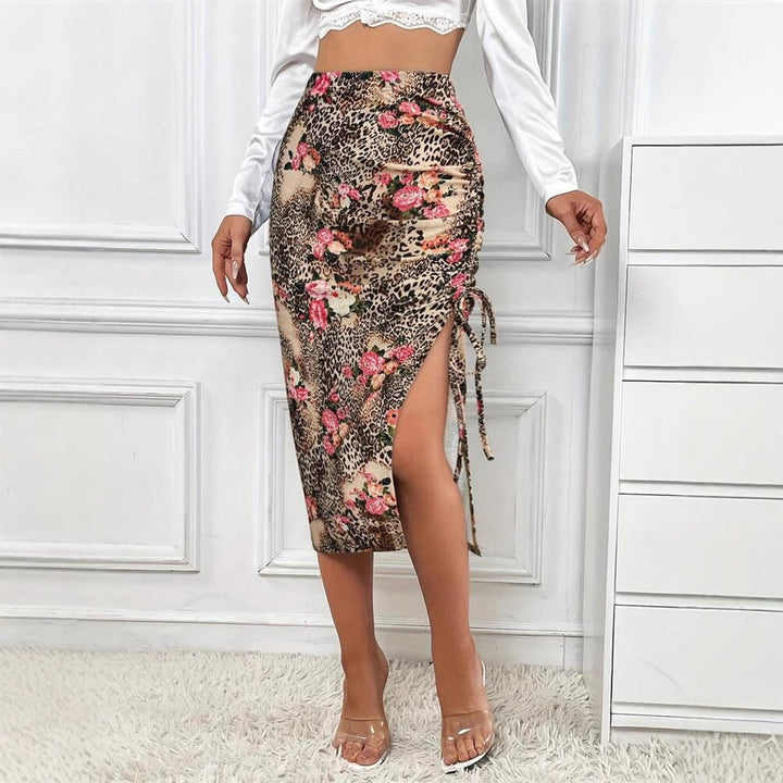 Women's Floral Leopard High-Waist Ruched Side-Slit Fall Midi Skirt