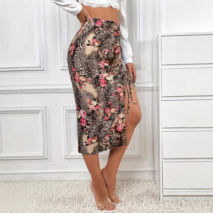 Women's Floral Leopard High-Waist Ruched Side-Slit Fall Midi Skirt