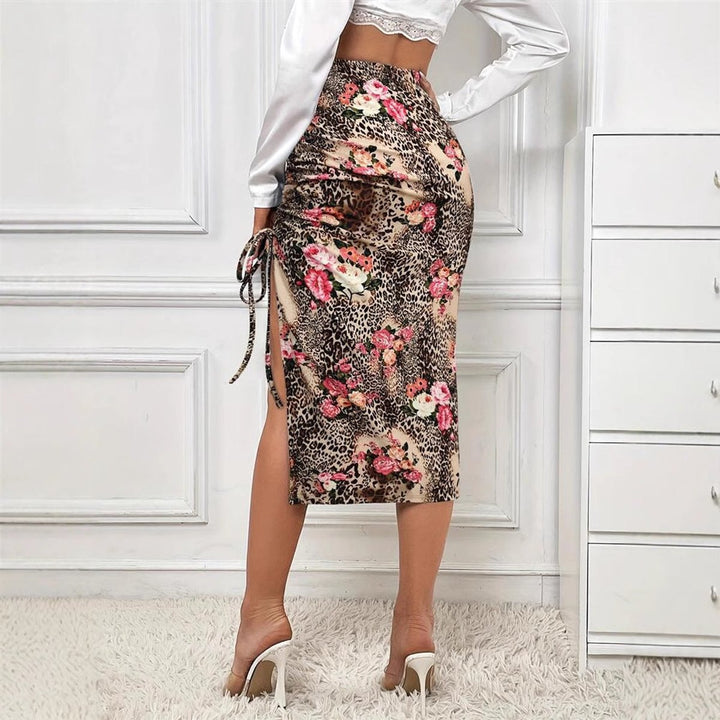 Women's Floral Leopard High-Waist Ruched Side-Slit Fall Midi Skirt