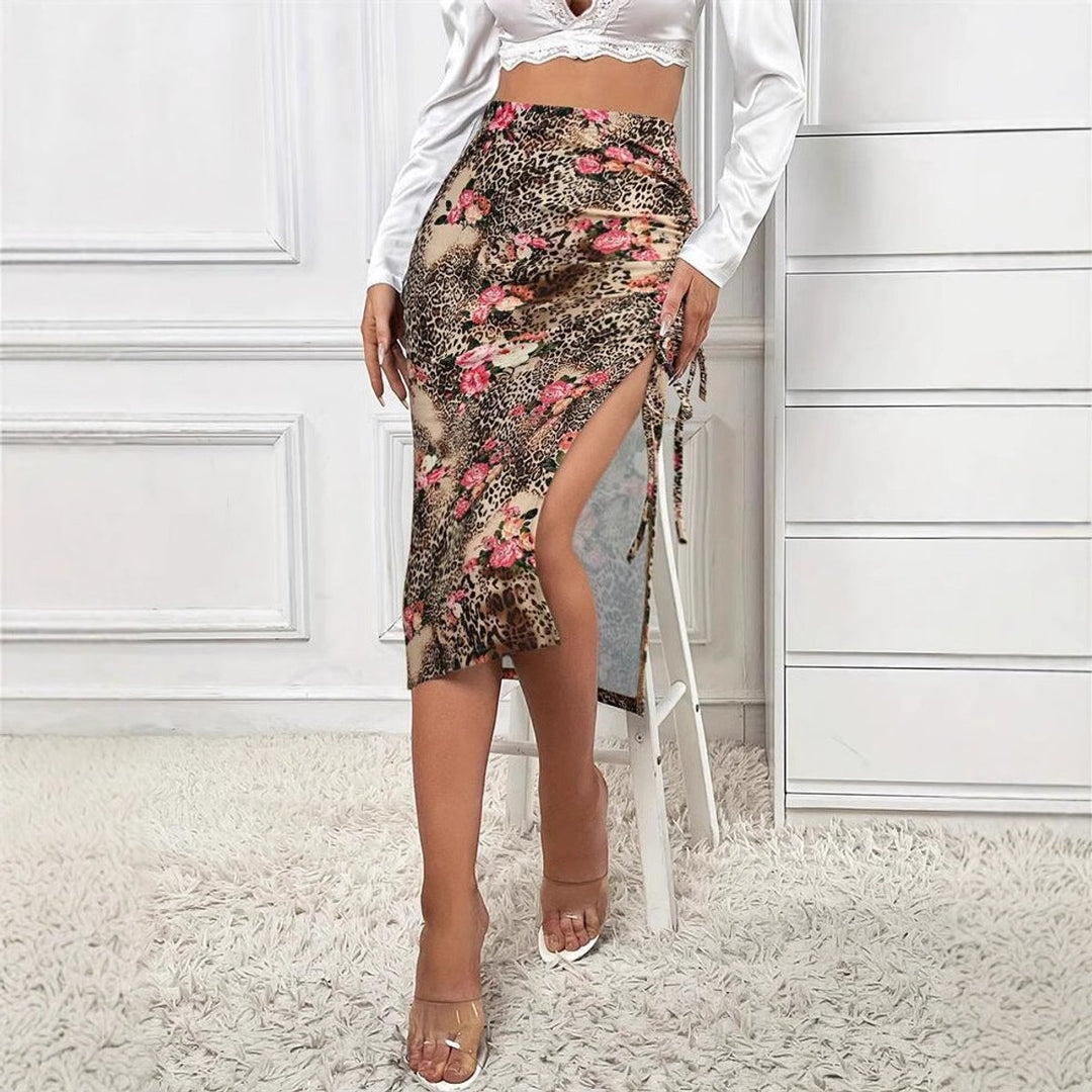 Women's Floral Leopard High-Waist Ruched Side-Slit Fall Midi Skirt