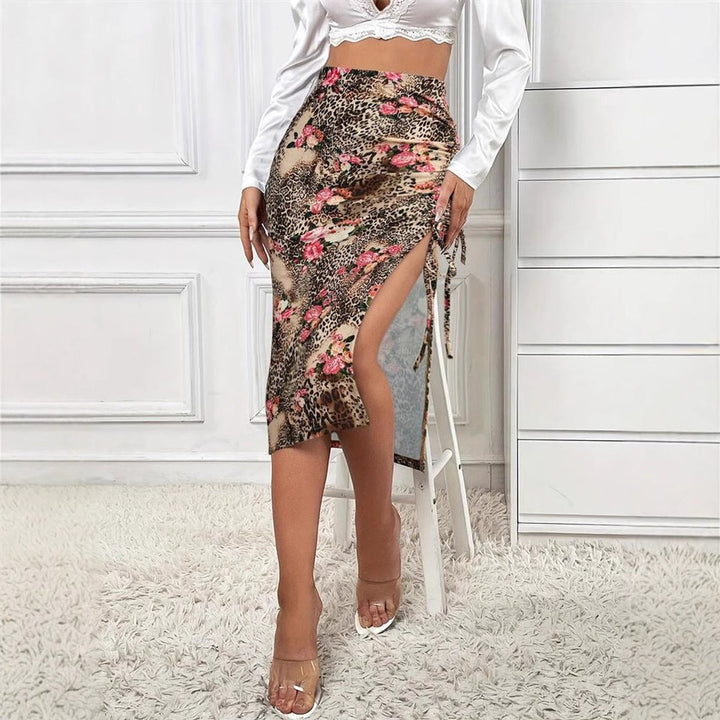 Women's Floral Leopard High-Waist Ruched Side-Slit Fall Midi Skirt