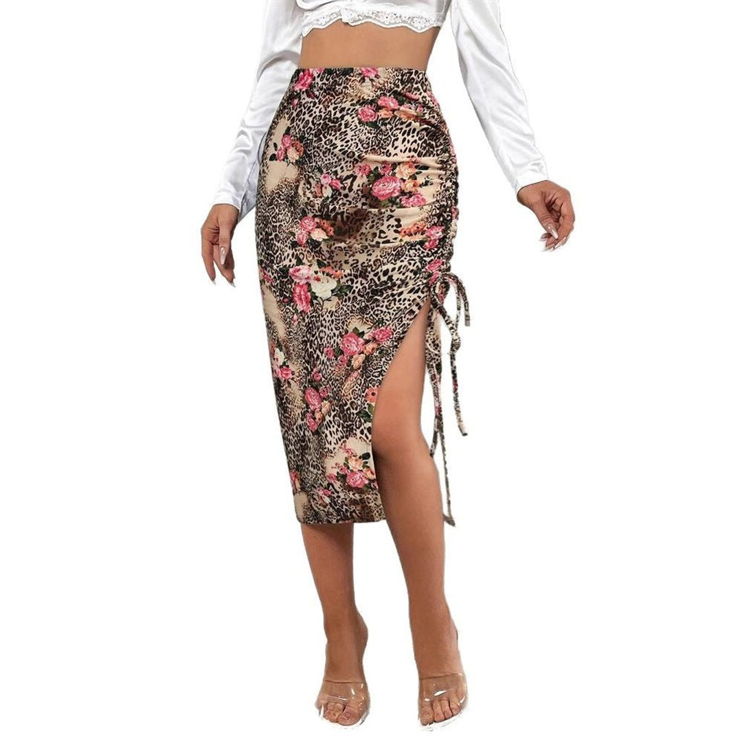 Women's Floral Leopard High-Waist Ruched Side-Slit Fall Midi Skirt