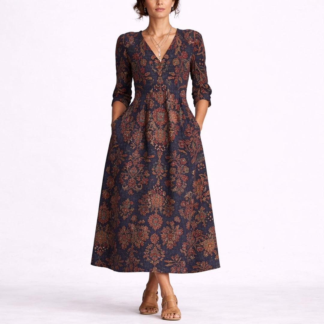 Women's Floral Linen V-Neck A-Line Fall Wedding Guest Dress