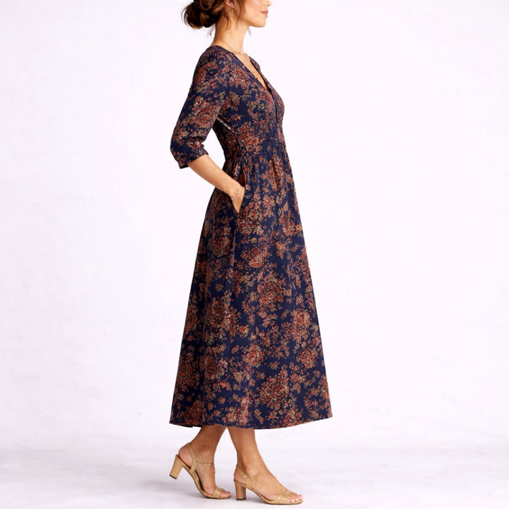 Women's Floral Linen V-Neck A-Line Fall Wedding Guest Dress