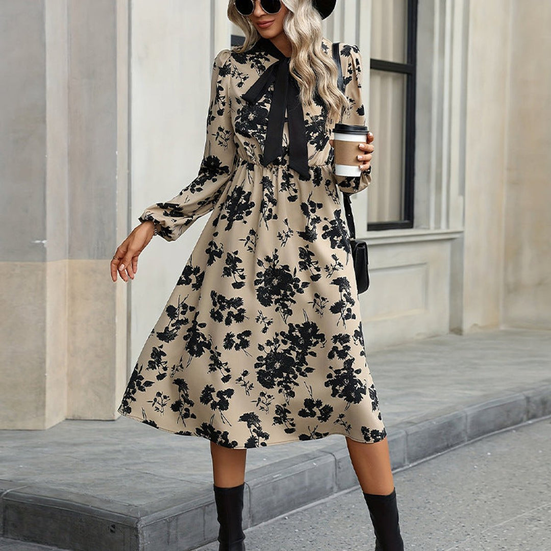 Women's Floral Long-Sleeve Bow-Neck Fall Midi Dress