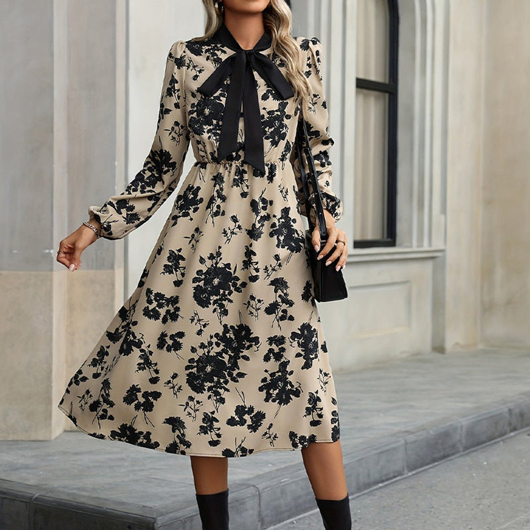 Women's Floral Long-Sleeve Bow-Neck Fall Midi Dress