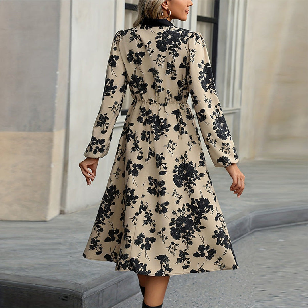 Women's Floral Long-Sleeve Bow-Neck Fall Midi Dress