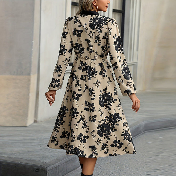 Women's Floral Long-Sleeve Bow-Neck Fall Midi Dress