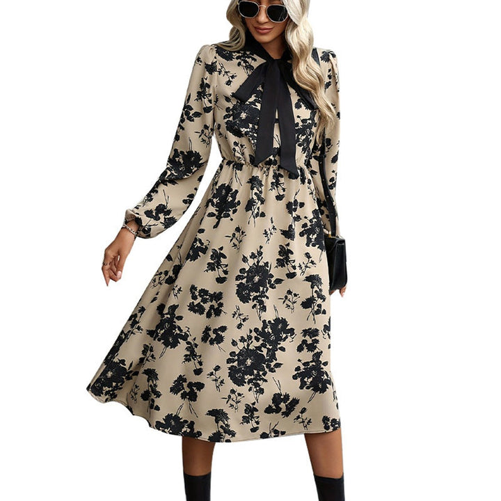 Women's Floral Long-Sleeve Bow-Neck Fall Midi Dress