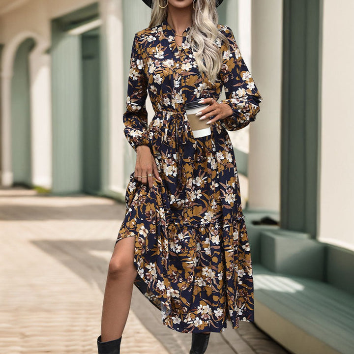 Women's Floral Long-Sleeve Tiered Fall Midi Dress Drawstring Waist