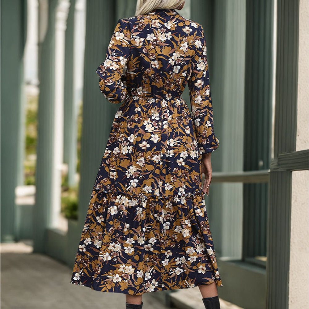 Women's Floral Long-Sleeve Tiered Fall Midi Dress Drawstring Waist