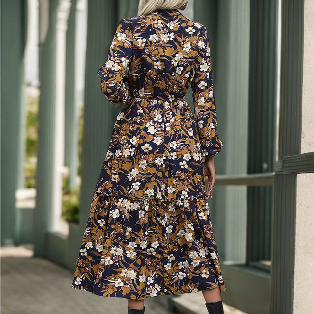 Women's Floral Long-Sleeve Tiered Fall Midi Dress Drawstring Waist