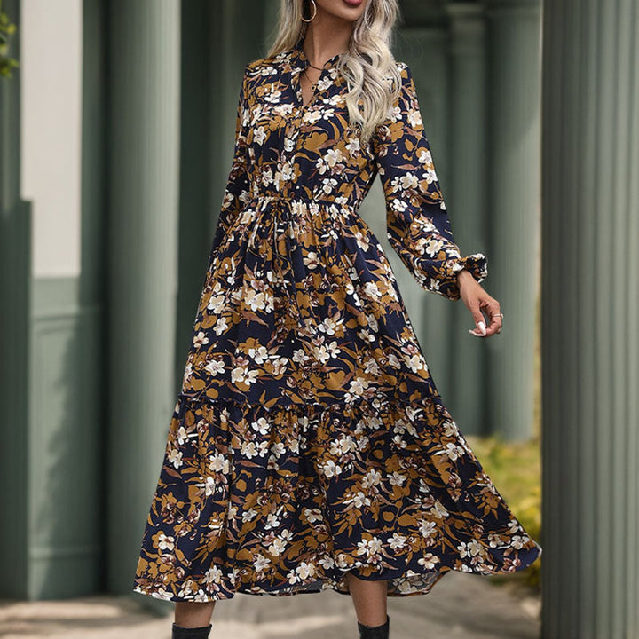 Women's Floral Long-Sleeve Tiered Fall Midi Dress Drawstring Waist