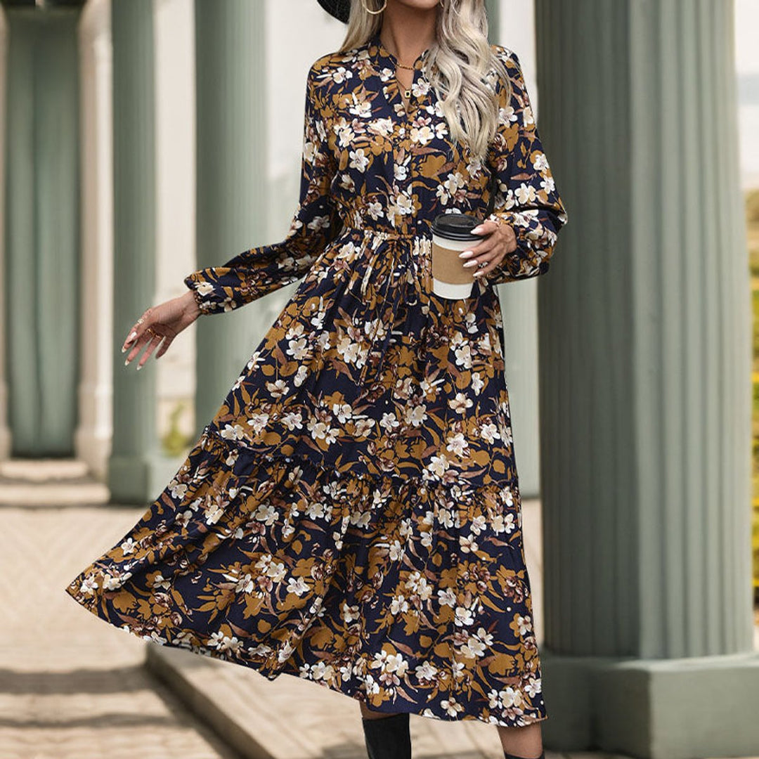 Women's Floral Long-Sleeve Tiered Fall Midi Dress Drawstring Waist