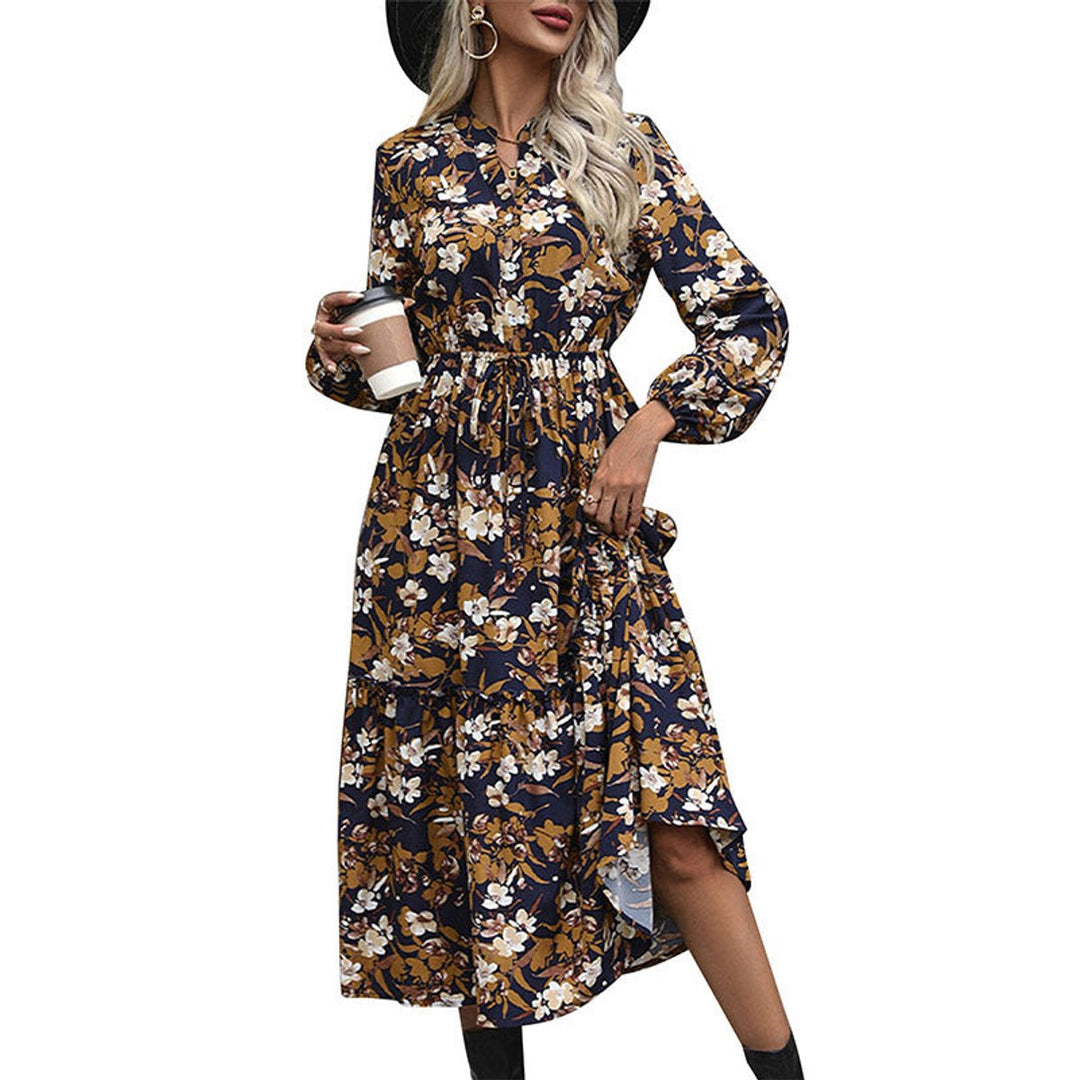 Women's Floral Long-Sleeve Tiered Fall Midi Dress Drawstring Waist