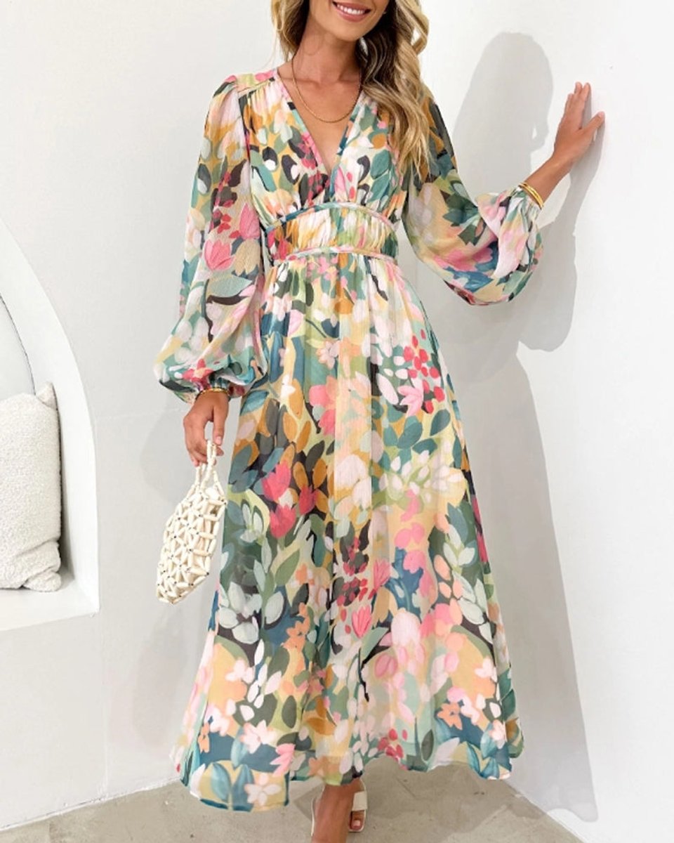 Women's Floral Long-Sleeve V-Neck Fall Midi Dress