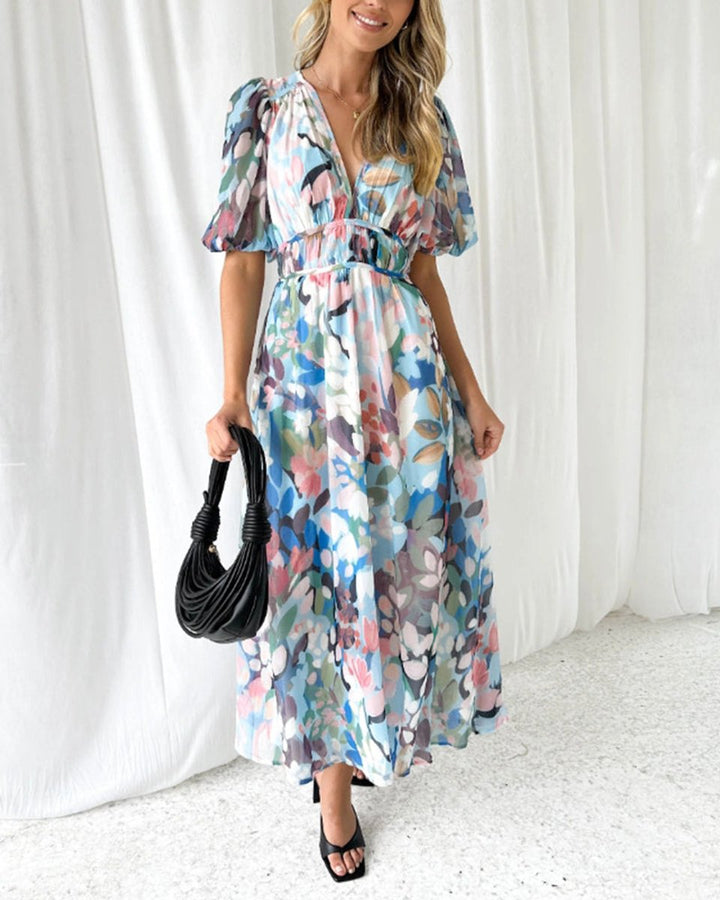Women's Floral Long-Sleeve V-Neck Fall Midi Dress