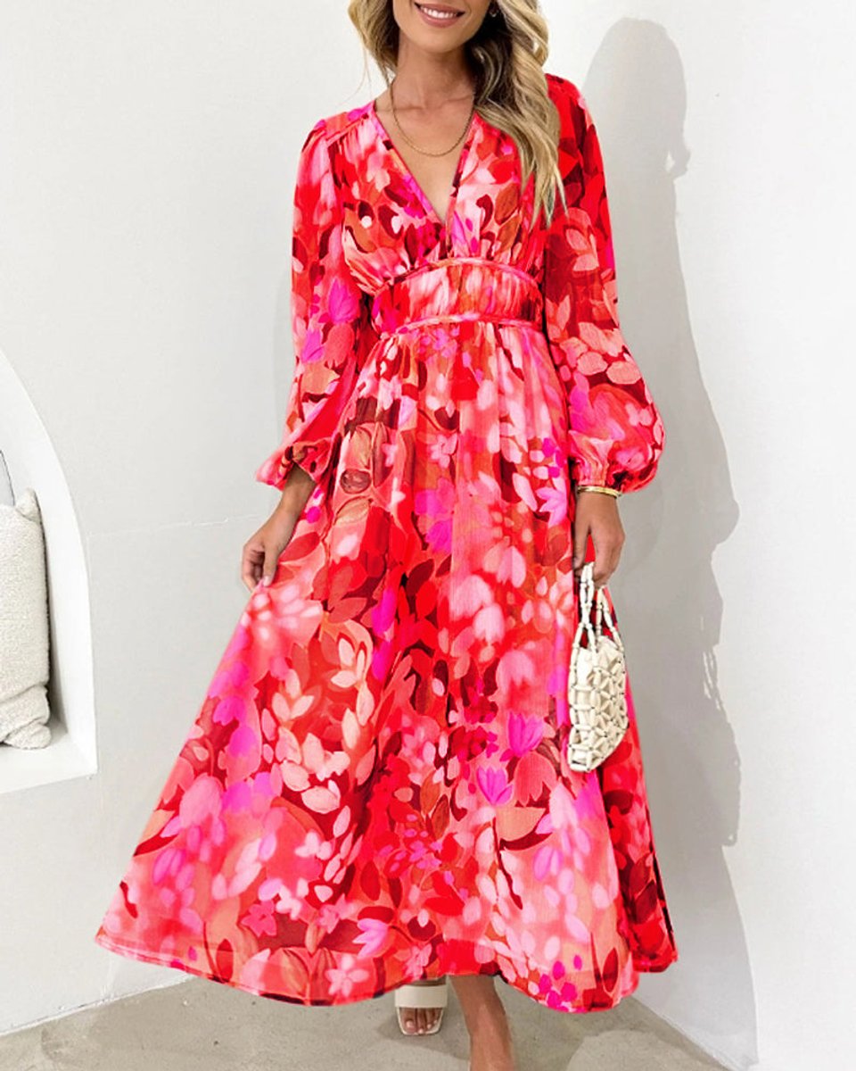 Women's Floral Long-Sleeve V-Neck Fall Midi Dress