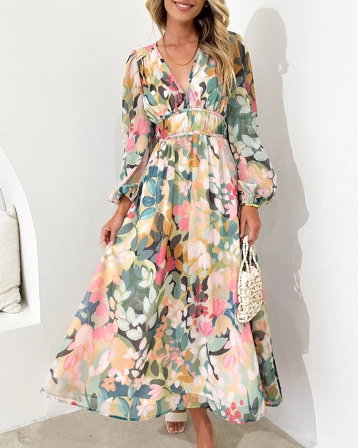 Women's Floral Long-Sleeve V-Neck Fall Midi Dress