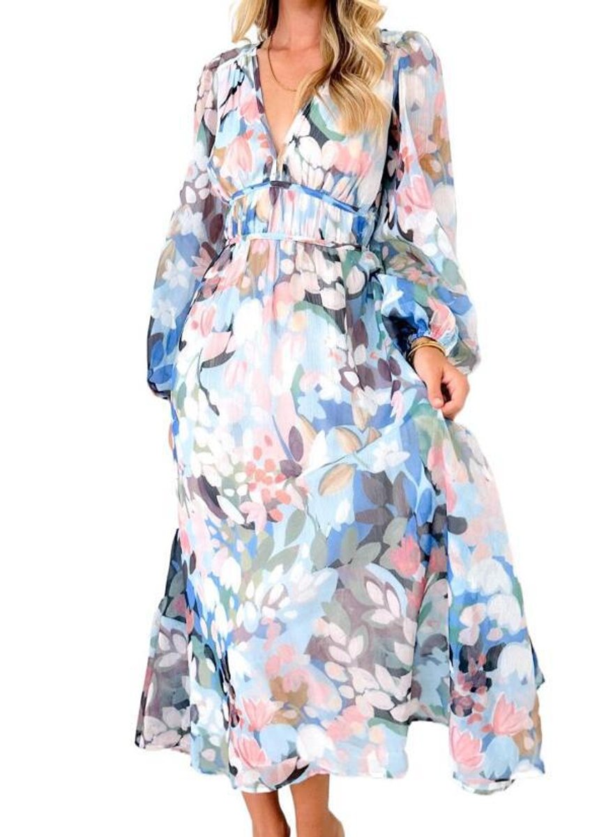 Women's Floral Long-Sleeve V-Neck Fall Midi Dress