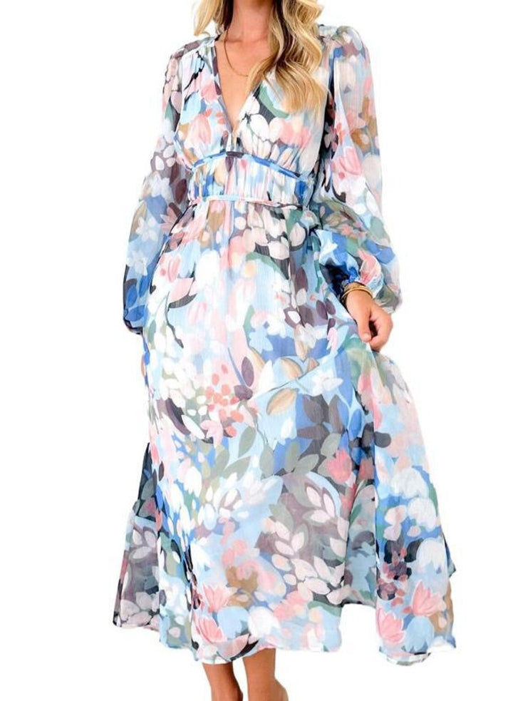 Women's Floral Long-Sleeve V-Neck Fall Midi Dress