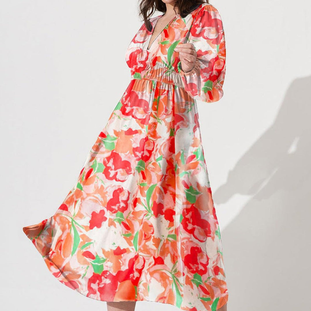 Women's Floral Long-Sleeve V-Neck Fall Midi Dress