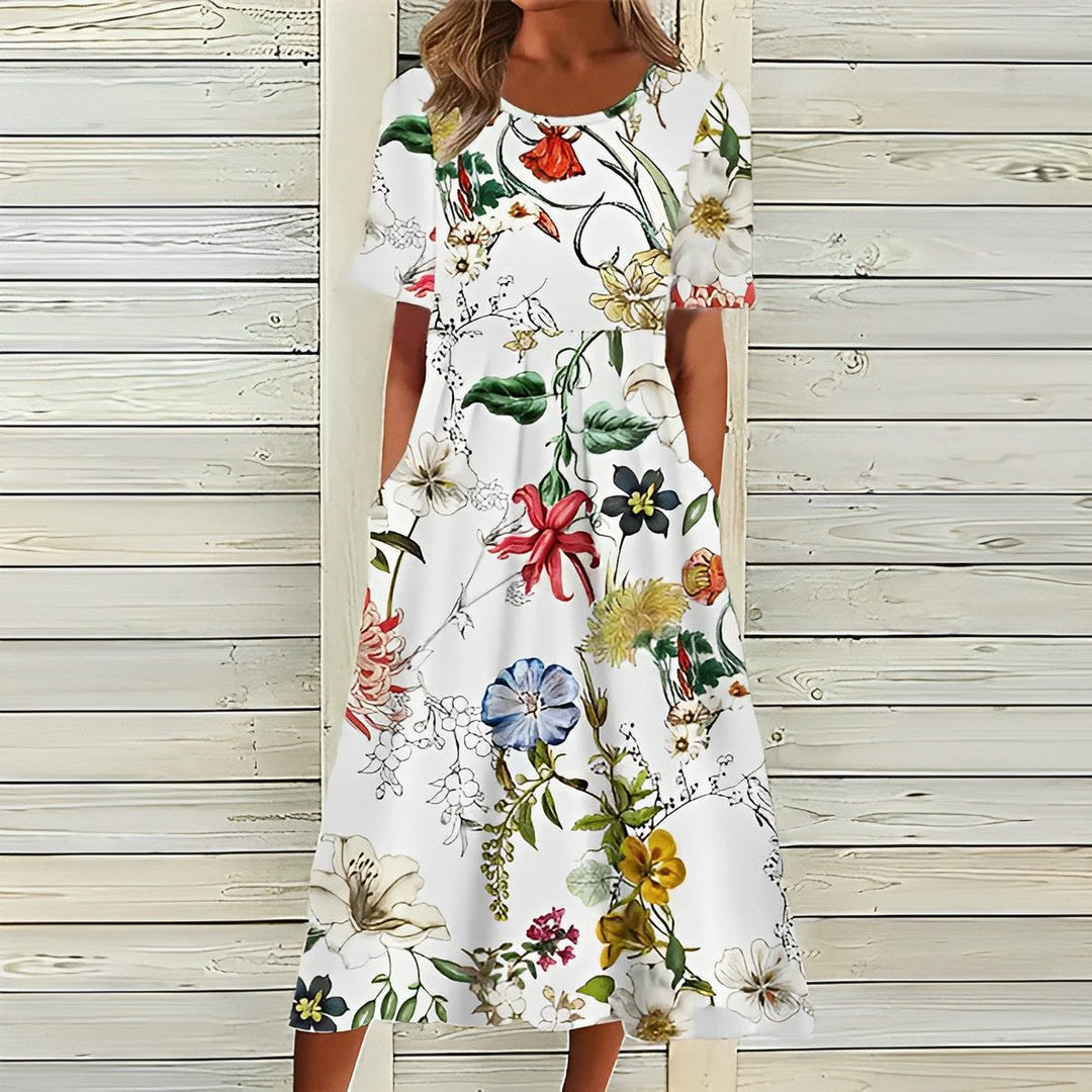 Women's Floral Loose-Fit Short-Sleeve Fall Midi Dress Pockets