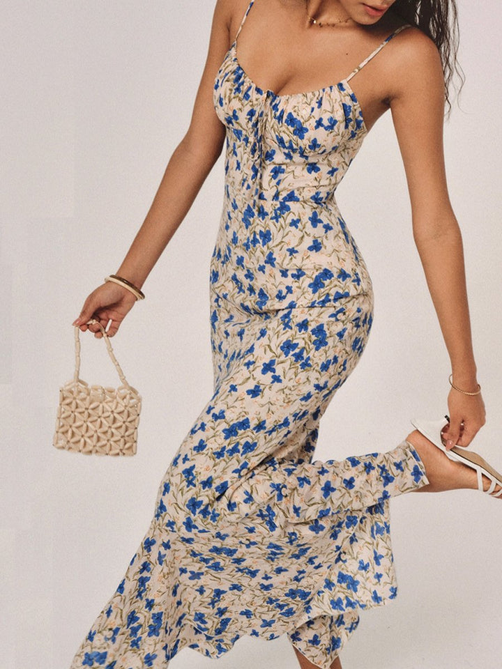 Women's Floral Maxi Fall Wedding Guest Dress Spaghetti-Strap Ruffle-Hem