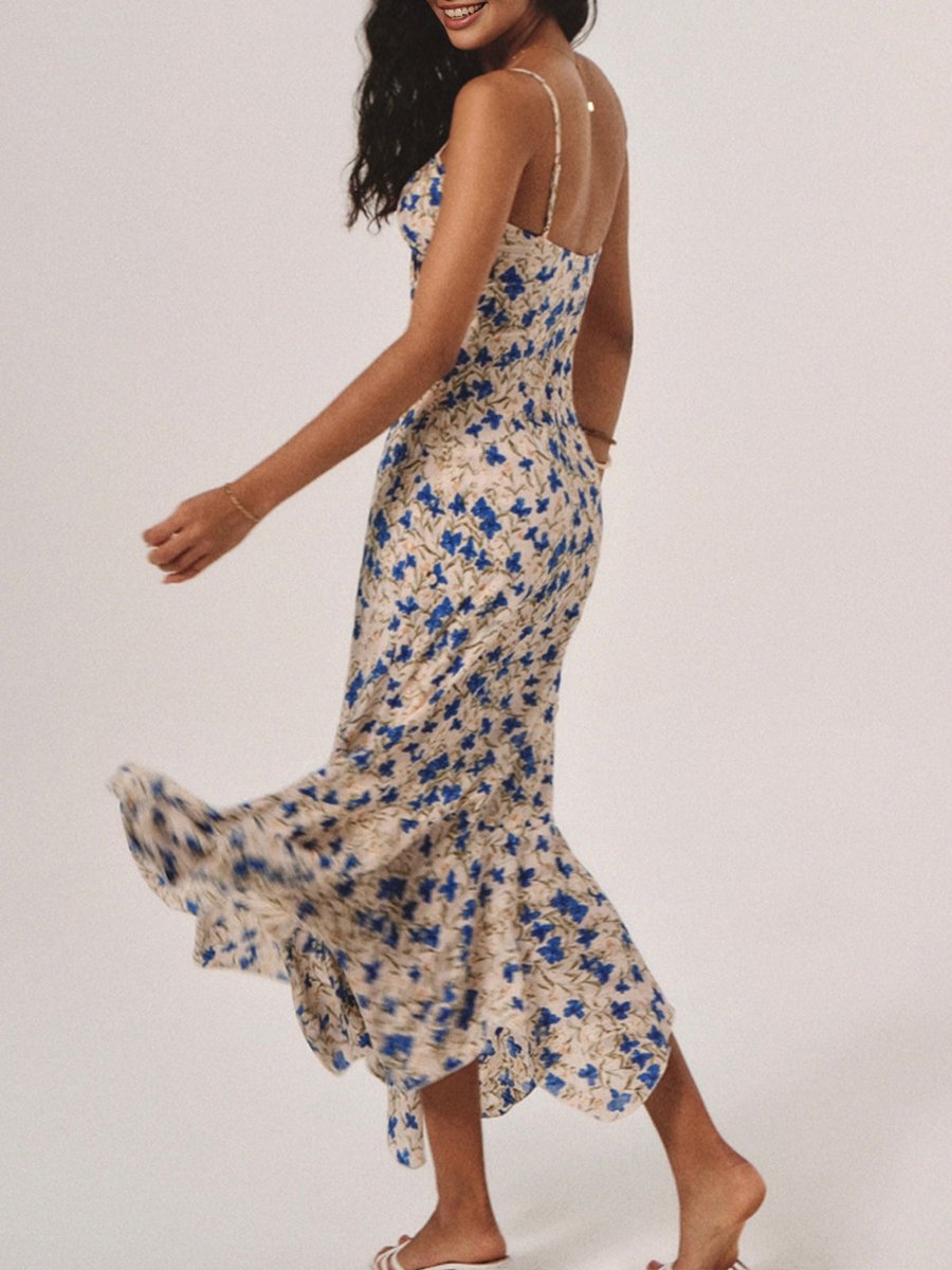 Women's Floral Maxi Fall Wedding Guest Dress Spaghetti-Strap Ruffle-Hem