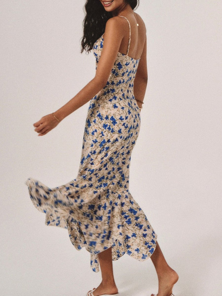 Women's Floral Maxi Fall Wedding Guest Dress Spaghetti-Strap Ruffle-Hem