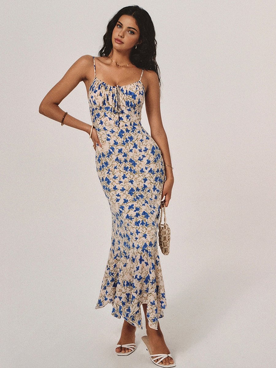 Women's Floral Maxi Fall Wedding Guest Dress Spaghetti-Strap Ruffle-Hem