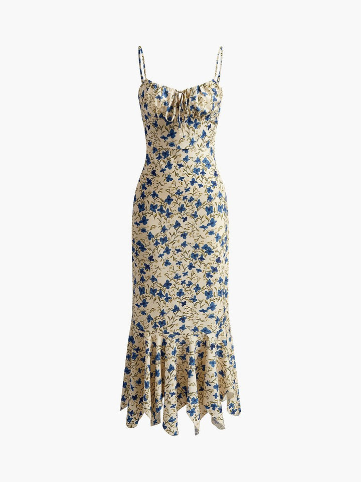 Women's Floral Maxi Fall Wedding Guest Dress Spaghetti-Strap Ruffle-Hem