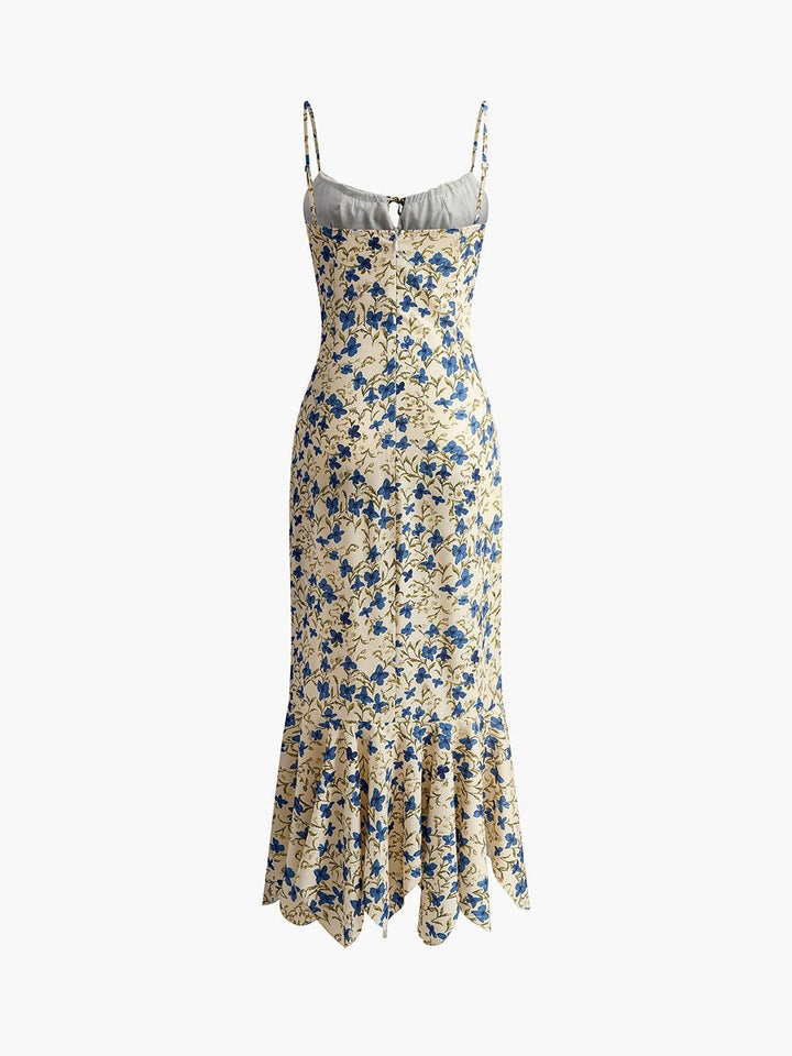 Women's Floral Maxi Fall Wedding Guest Dress Spaghetti-Strap Ruffle-Hem