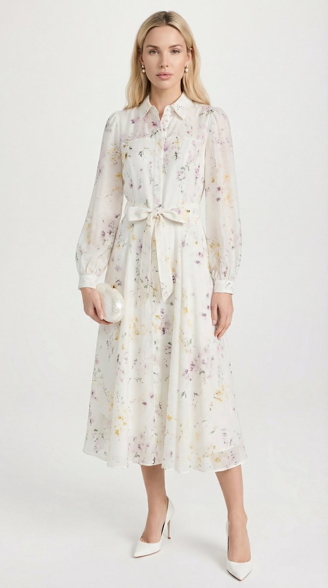 Women's Floral Midi Fall Wedding Guest Dress Belted Long Sleeve